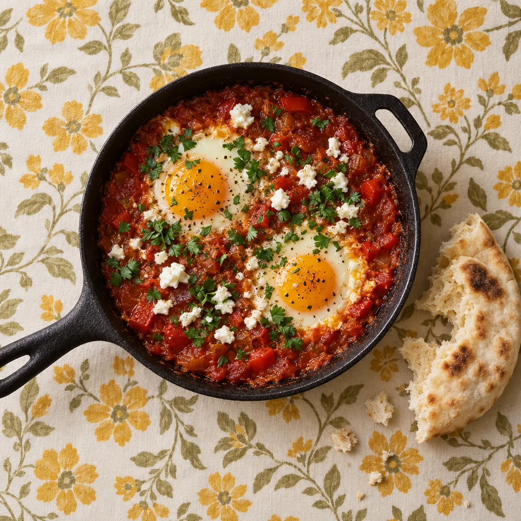 Shakshuka in a small iron pan, with a torn piece of bread beside it.